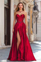 Load image into Gallery viewer, Sparkly Red Satin Beaded Strapless Long Corset Prom Dress with Slit