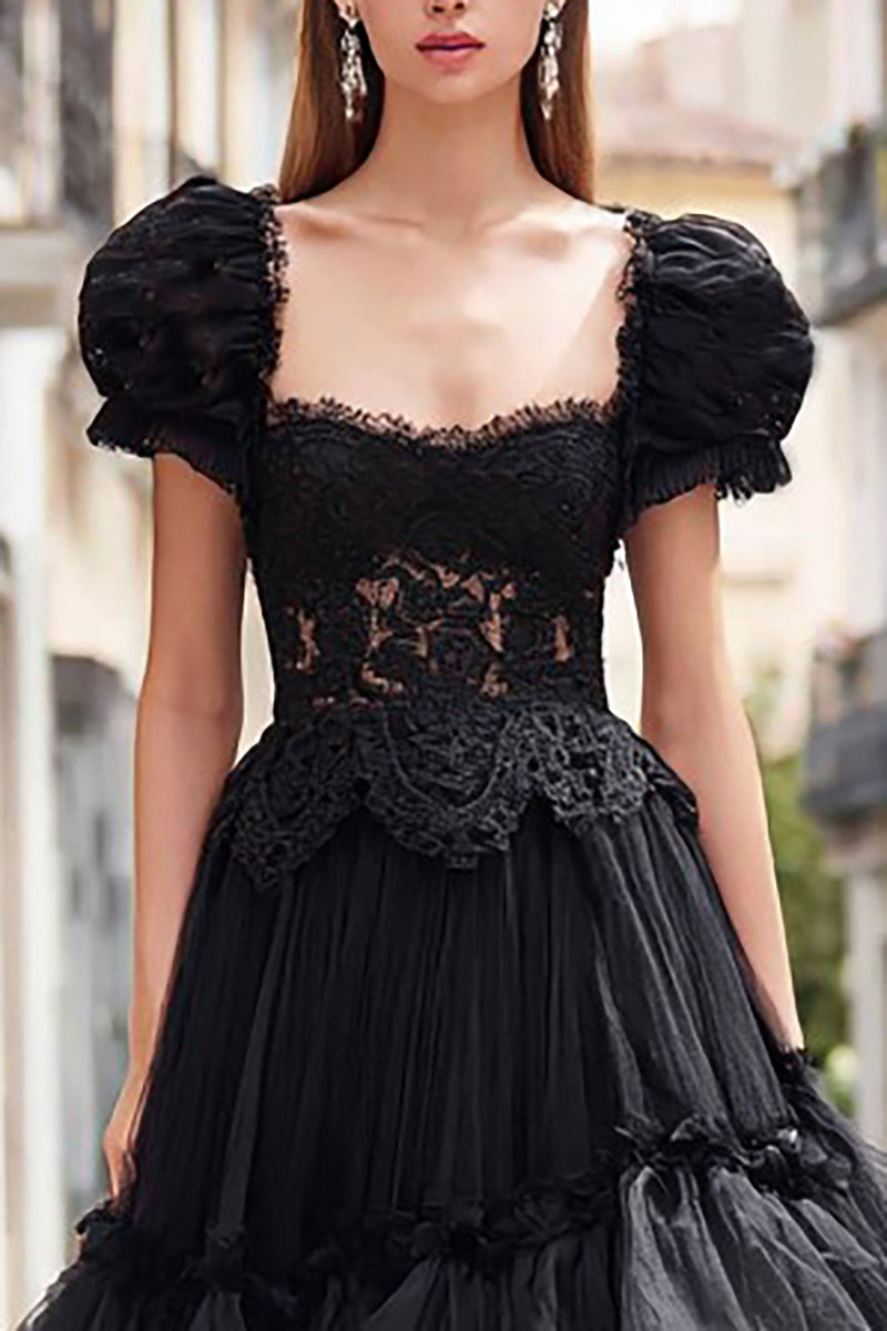 Load image into Gallery viewer, Black Ruffled A Line Tulle Long Prom Dress with Lace