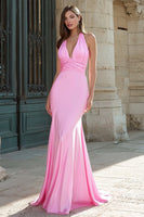 Load image into Gallery viewer, Dark Green Halter Satin Mermaid Long Prom Dress