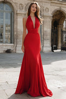 Load image into Gallery viewer, Dark Green Halter Satin Mermaid Long Prom Dress