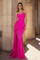 Load image into Gallery viewer, Fuchsia Satin Mermaid Sweetheart Ruched Long Prom Dress with Slit