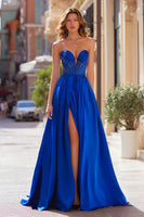 Load image into Gallery viewer, Sparkly Royal Blue A Line Satin Strapless Long Prom Dress with Slit