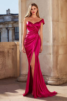 Load image into Gallery viewer, Fuchsia Mermaid Satin One Shoulder Ruched Long Prom Dress with Slit