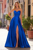 Load image into Gallery viewer, Royal Blue Sweetheart Satin A Line Long Prom Dress with Slit