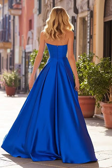 Royal Blue Sweetheart Satin A Line Long Prom Dress with Slit