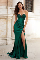 Load image into Gallery viewer, Sparkly Dark Green Mermaid Beaded Long Corset Prom Dress with Slit