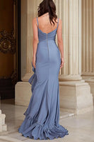 Load image into Gallery viewer, Dusty Blue Mermaid Spaghetti Straps Long Prom Dress with Ruffles