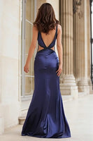 Load image into Gallery viewer, Sparkly Navy Mermaid Satin Beaded Cut Out Long Prom Dress with Slit