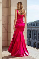 Load image into Gallery viewer, Fuchsia Satin Mermaid One Shoulder Long Prom Dress with Side Cape