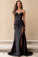 Load image into Gallery viewer, Sparkly Black Satin Ruched Strapless Long Corset Prom Dress with Slit