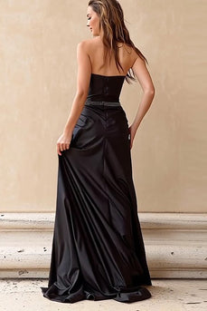 Sparkly Black Satin Ruched Strapless Long Corset Prom Dress with Slit