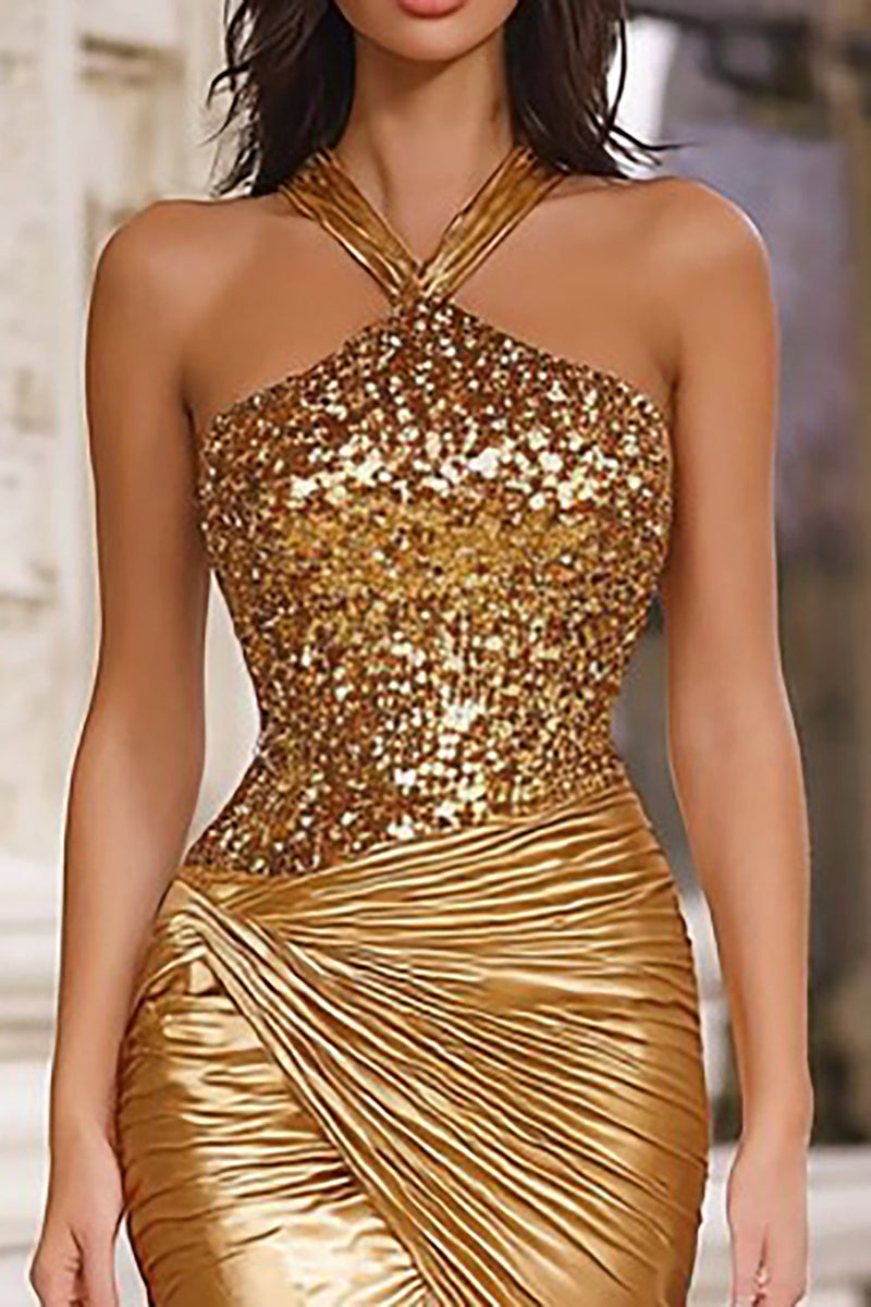 Load image into Gallery viewer, Sparkly Gold Mermaid Sequin Halter Long Prom Dress with Sequins