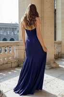 Load image into Gallery viewer, Navy Mermaid Satin Halter Ruched Long Prom Dress