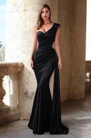 Load image into Gallery viewer, Black Mermaid Satin One Shoulder Long Prom Dress with Side Cape