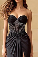 Load image into Gallery viewer, Sparkly Black Satin Sweetheart Long Corset Prom Dress with Slit