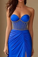 Load image into Gallery viewer, Sparkly Royal Blue Sheath Ruched Long Corset Prom Dress with Slit