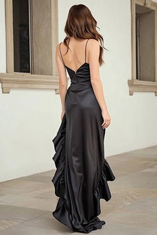 Black Satin Ruffled Spaghetti Straps High Low Prom Dress with Slit