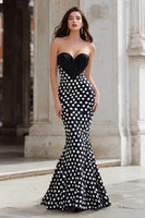 Load image into Gallery viewer, Black and White Polka Dots Mermaid Sweetheart Long Prom Dress