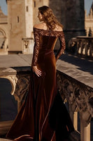 Load image into Gallery viewer, Elegant Brown Mermaid Velvet Long Holiday Party Dress with Lace