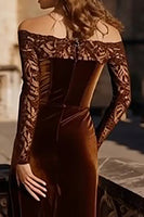 Load image into Gallery viewer, Elegant Brown Mermaid Velvet Long Holiday Party Dress with Lace