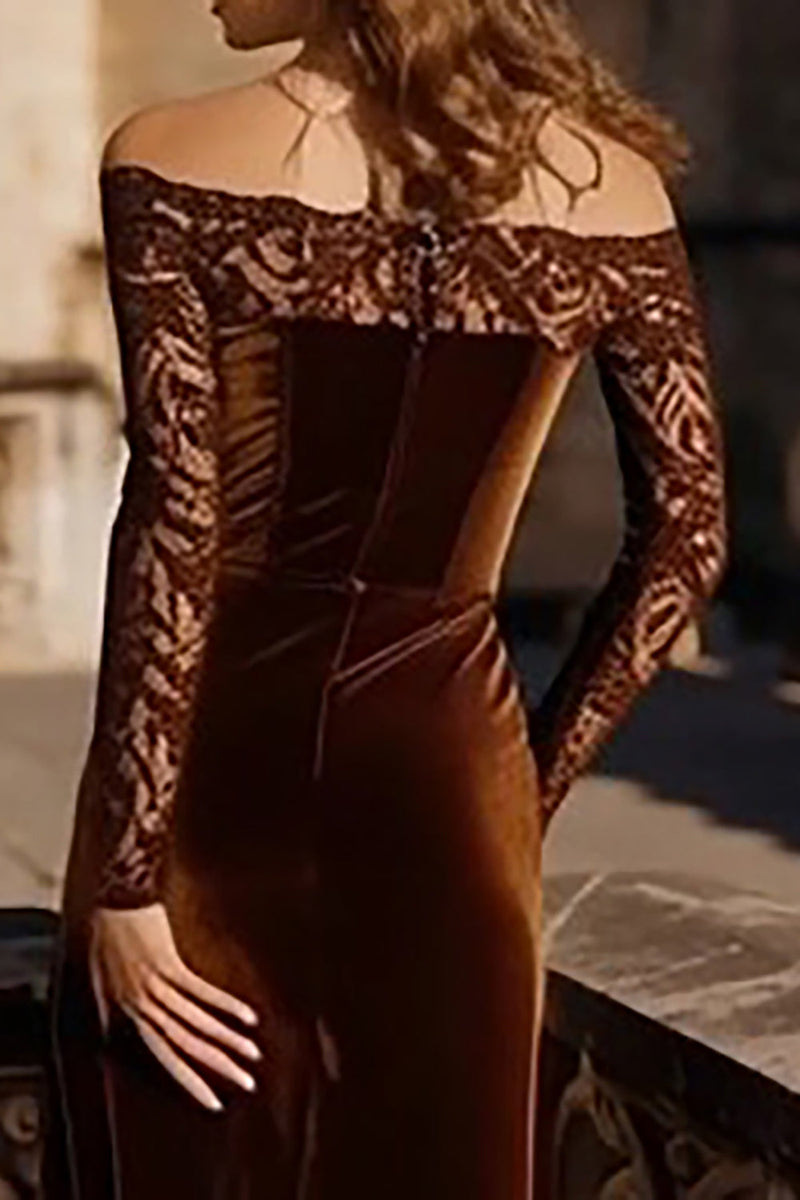 Load image into Gallery viewer, Elegant Brown Mermaid Velvet Long Holiday Party Dress with Lace
