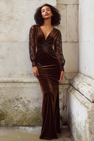 Load image into Gallery viewer, Brown Mermaid V Neck Velvet Long Holiday Party Dress