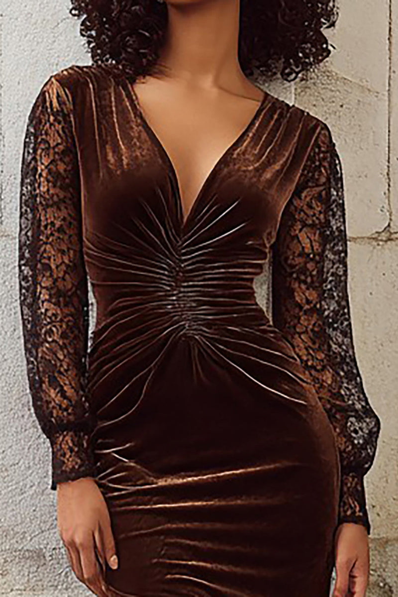 Load image into Gallery viewer, Brown Mermaid V Neck Velvet Long Holiday Party Dress