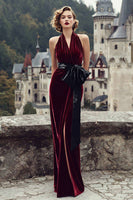 Load image into Gallery viewer, Burgundy Halter Mermaid Velvet Long Holiday Party Dress