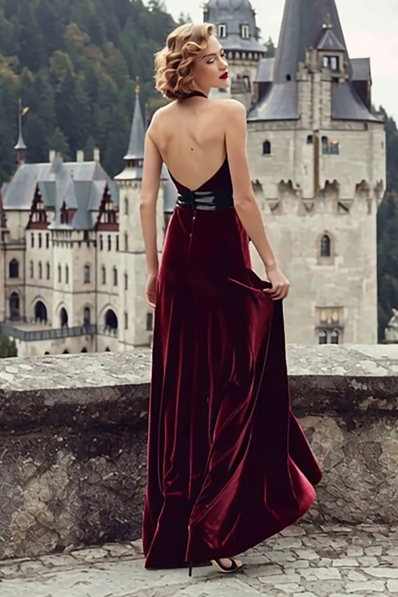 Queendancer Women Burgundy Mermaid Velvet Long Holiday Party Dress with Slit Ruched Backless Halter Evening Dress with Bow queendancer Queendancer Women Burgundy Mermaid Velvet Long Holiday Party Dress with Slit Ruched Backless Halter Evening Dress with Bow queendancer