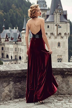 Burgundy Halter Mermaid Velvet Long Holiday Party Dress