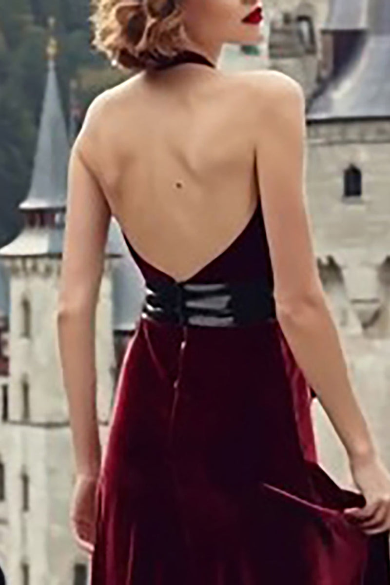 Load image into Gallery viewer, Burgundy Halter Mermaid Velvet Long Holiday Party Dress
