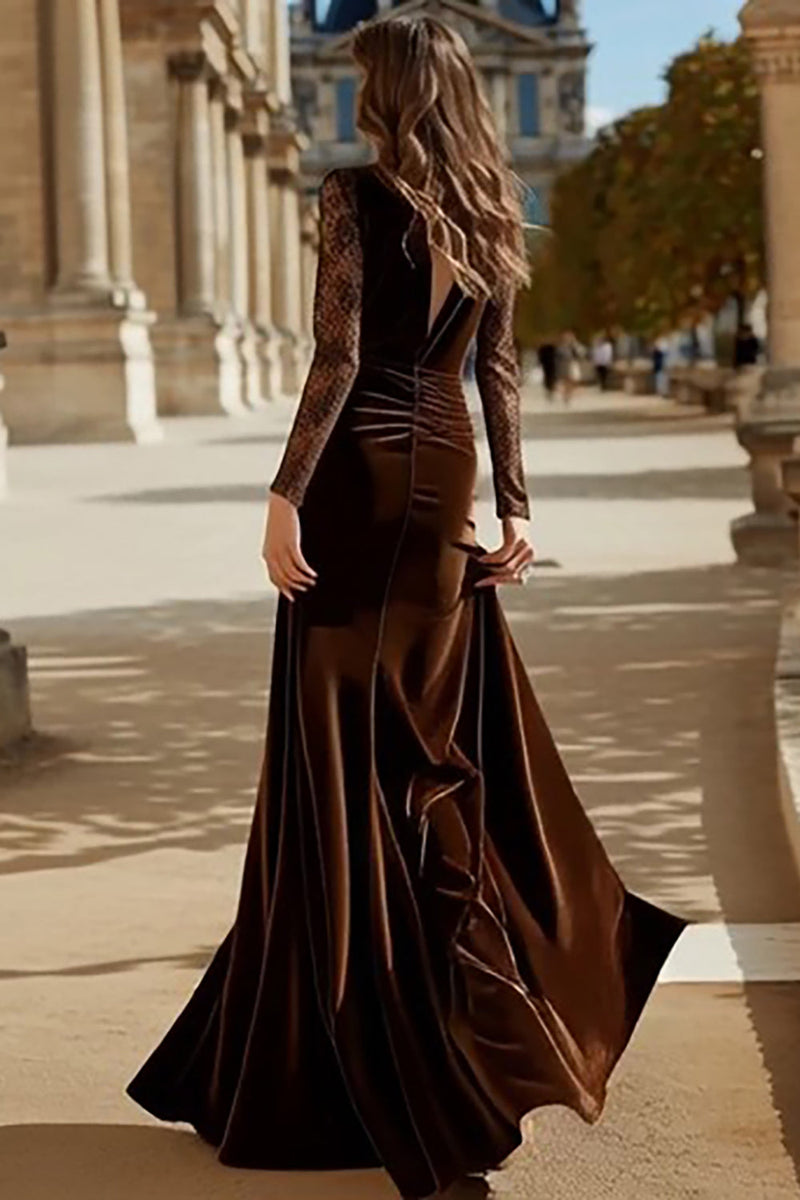 Load image into Gallery viewer, Brown Mermaid Velvet V Neck Long Holiday Party Dress