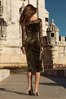 Olive Mermaid Velvet Midi Holiday Party Dress