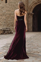 Load image into Gallery viewer, Burgundy Strapless Mermaid Velvet Long Holiday Party Dress with Bow