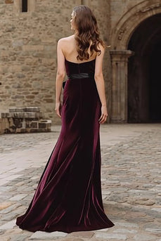 Burgundy Strapless Mermaid Velvet Long Holiday Party Dress with Bow