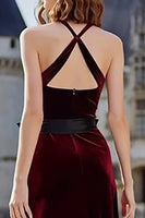 Load image into Gallery viewer, Burgundy Halter Velvet Long Holiday Party Dress with Bow