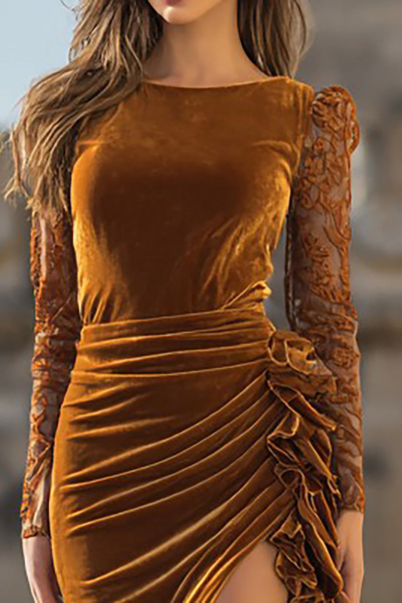 Load image into Gallery viewer, Caramel Mermaid Ruffled Velvet Long Holiday Party Dress with Slit
