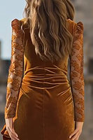 Load image into Gallery viewer, Caramel Mermaid Ruffled Velvet Long Holiday Party Dress with Slit