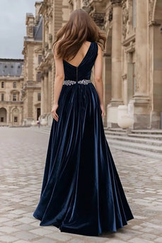 Sparkly Navy Velvet Long Holiday Party Dress