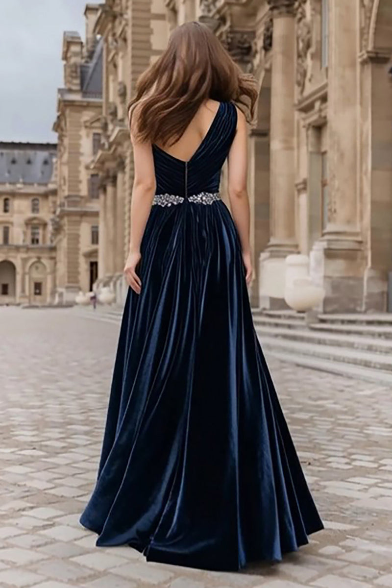 Load image into Gallery viewer, Sparkly Navy Velvet Long Holiday Party Dress