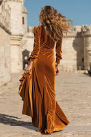 Load image into Gallery viewer, Caramel Ruffled Velvet Long Holiday Party Dress with Sleeves