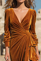 Load image into Gallery viewer, Caramel Ruffled Velvet Long Holiday Party Dress with Sleeves