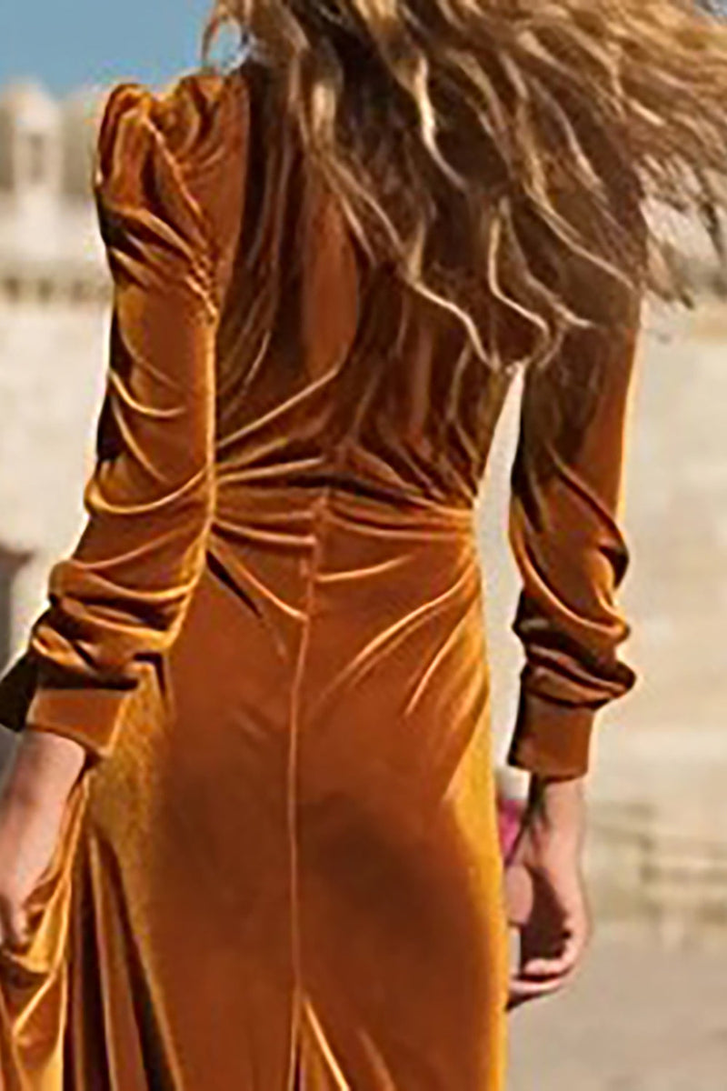 Load image into Gallery viewer, Caramel Ruffled Velvet Long Holiday Party Dress with Sleeves
