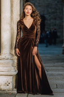 Load image into Gallery viewer, Brown Velvet V Neck Long Holiday Party Dress with Sleeves
