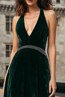 Load image into Gallery viewer, Sparkly Dark Green Halter Velvet Long Holiday Party Dress
