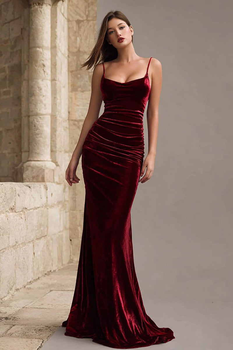 Load image into Gallery viewer, Burgundy Mermaid Velvet Spaghetti Straps Long Holiday Party Dress