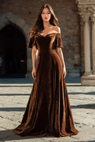 Load image into Gallery viewer, Brown Ruffled Velvet Long Holiday Party Dress