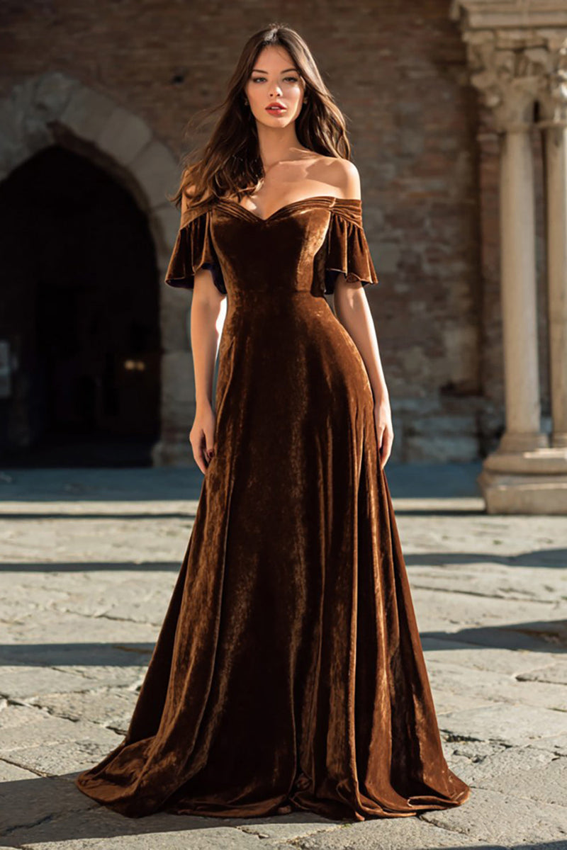 Load image into Gallery viewer, Brown Ruffled Velvet Long Holiday Party Dress