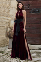 Load image into Gallery viewer, Burgundy High Neck Velvet Long Holiday Party Dress with Slit