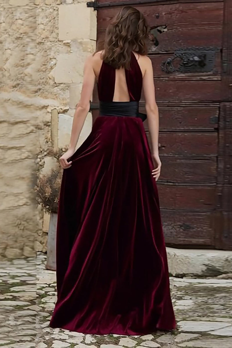 Load image into Gallery viewer, Burgundy High Neck Velvet Long Holiday Party Dress with Slit